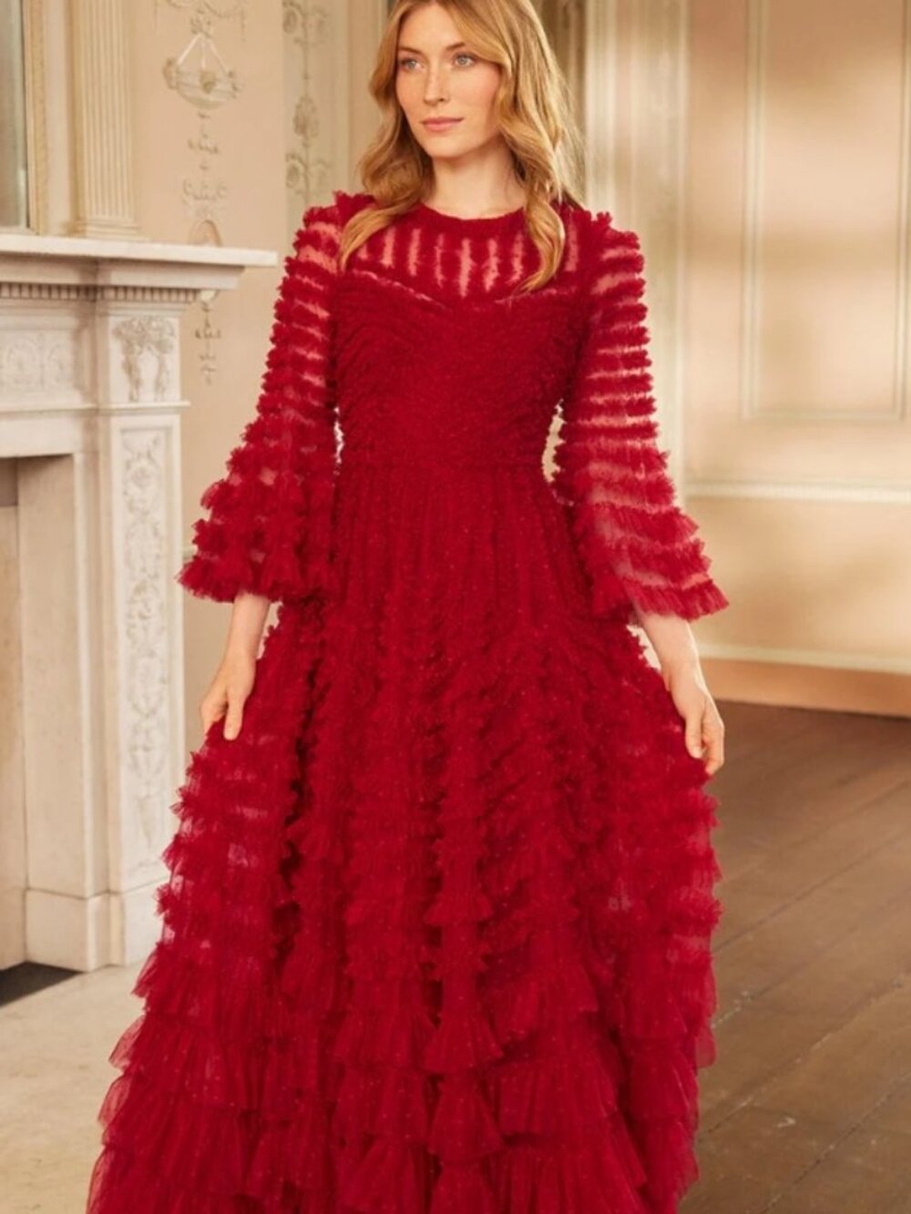 NWT Needle & Thread La Vie En Rose Gown 🌹 Deep Red Tulle Ruffle Dress